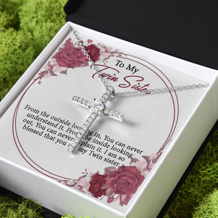 Gift For Sister You're My Twin Sister For Twin Sister CZ Cross Necklace