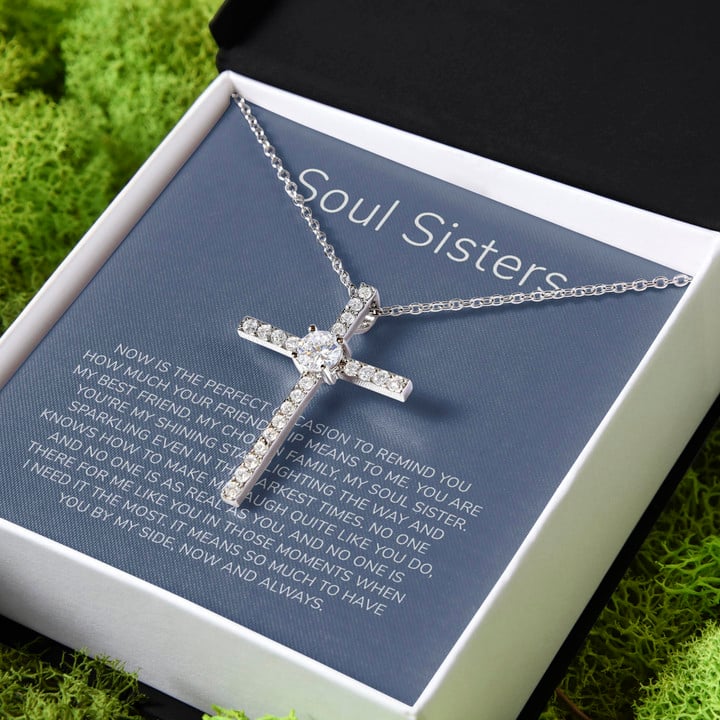 Gift For Sister Soul Sisters Have You By My Side Now And Always CZ Cross Necklace