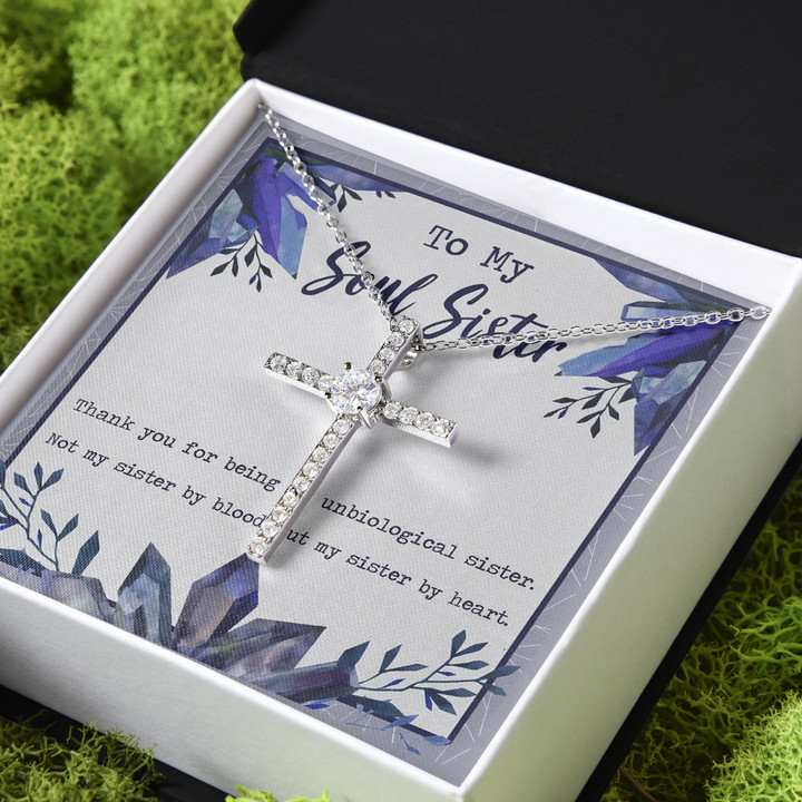 Gift For Sister My Soul Sister Sisters By Heart CZ Cross Necklace
