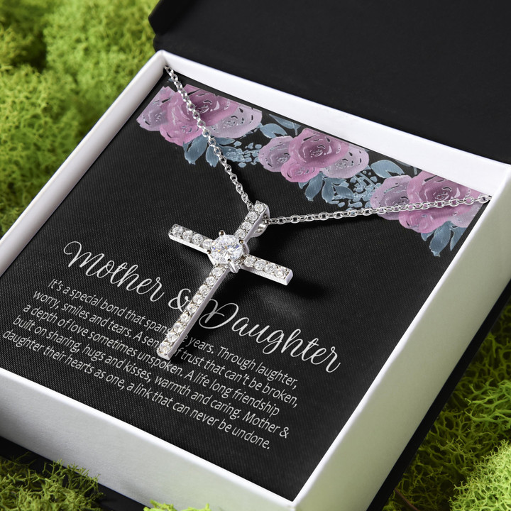 Gift For Mother And Daughter A Link That Can Never Be Undone CZ Cross Necklace