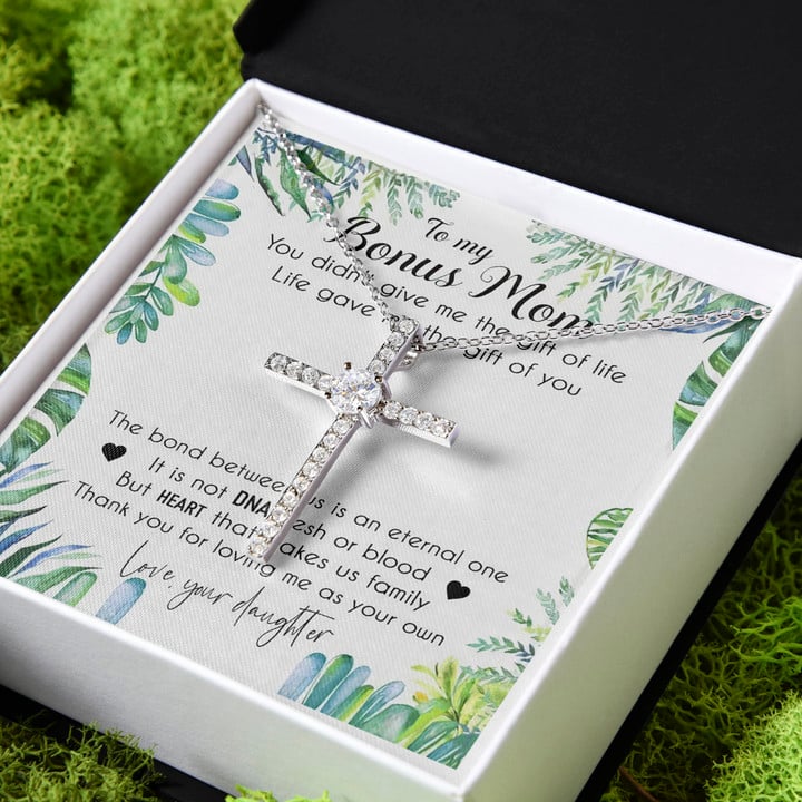 Gift For Mom Bonus Mom Thank You For Loving Me As Your Own CZ Cross Necklace