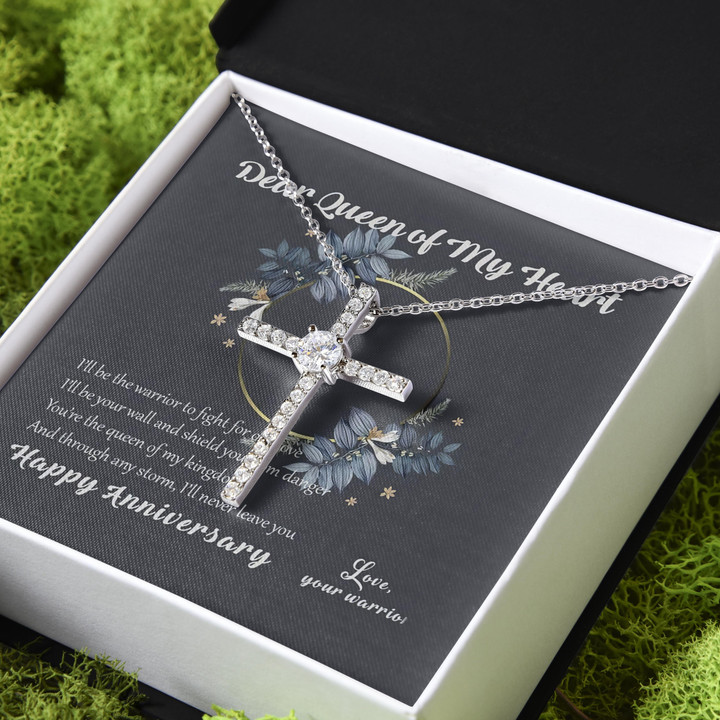 Gift For Her Queen Of My Heart I'll Never Leave You CZ Cross Necklace