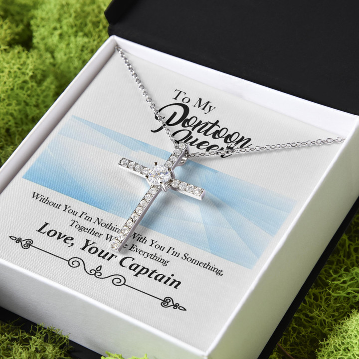 Gift For Her My Pontoon Queen With You I'm Something CZ Cross Necklace
