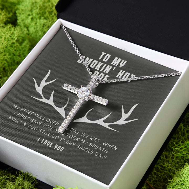 Gift For Her Go Hunting The Day We Met To Smokin Hot Doe CZ Cross Necklace