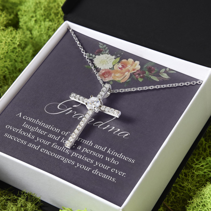 Gift For Grandma A Person Who Overlooks Your Faults Praises Your Ever CZ Cross Necklace