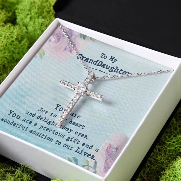 Gift For Granddaughter You Are Joy To My Heart CZ Cross Necklace