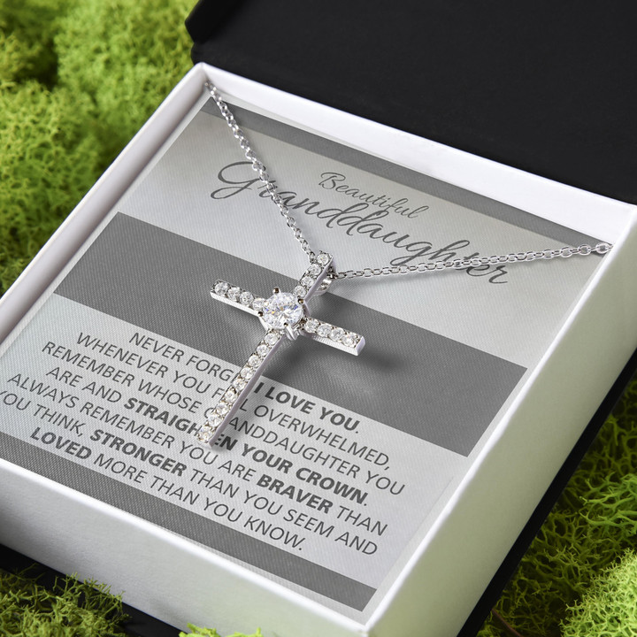 Gift For Granddaughter Never Forget I Love You CZ Cross Necklace