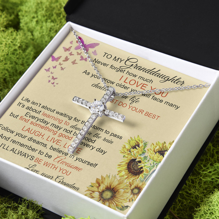 Gift For Granddaughter Never Forget How Much I Love You CZ Cross Necklace