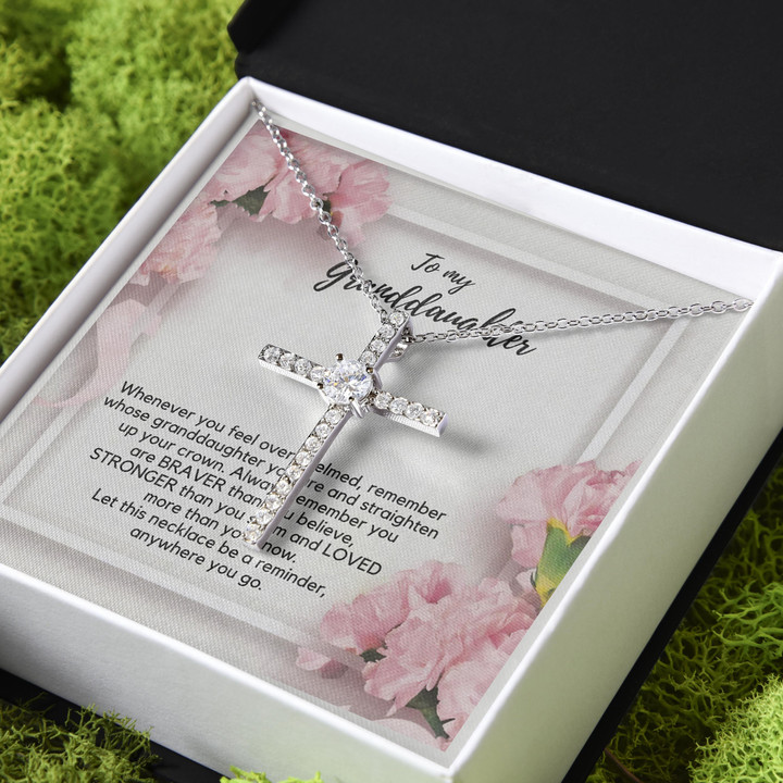 Gift For Granddaughter Always Remember You Are Braver Than You Believe CZ Cross Necklace