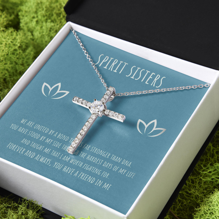 Gift For Friend Spirit Sisters You Have A Friend In Me CZ Cross Necklace
