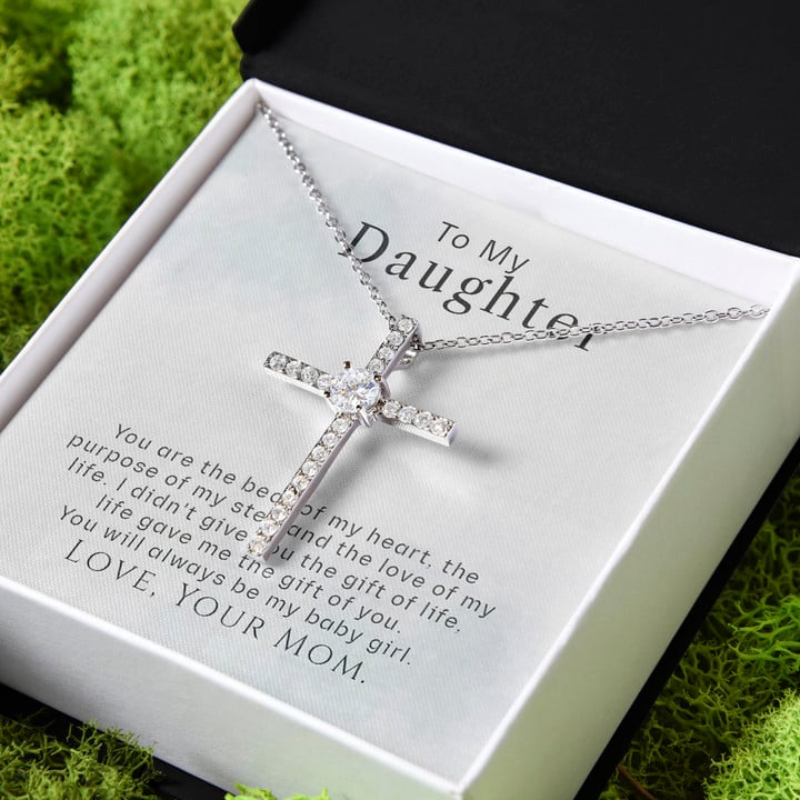 Gift For Daughter You're The Beat Of My Heart CZ Cross Necklace