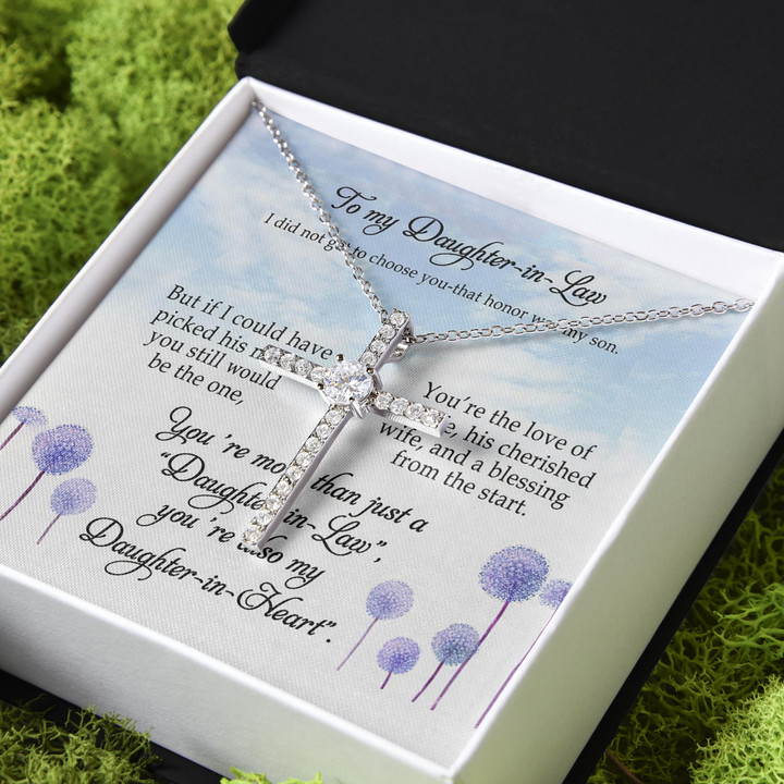 Gift For Daughter In Law You're Always My Daughter In Heart CZ Cross Necklace