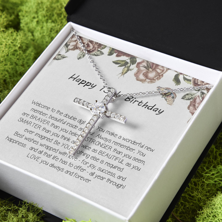 Gift For Daughter Happy 13th Birthday Love You Always And Forever CZ Cross Necklace