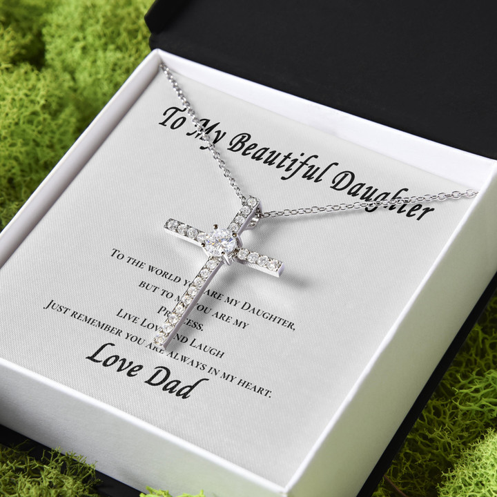 Gift For Daughter Dad Always Support You CZ Cross Necklace