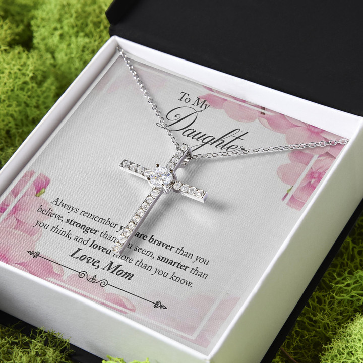 Gift For Daughter Always Remember You Are Braver Than You Think CZ Cross Necklace
