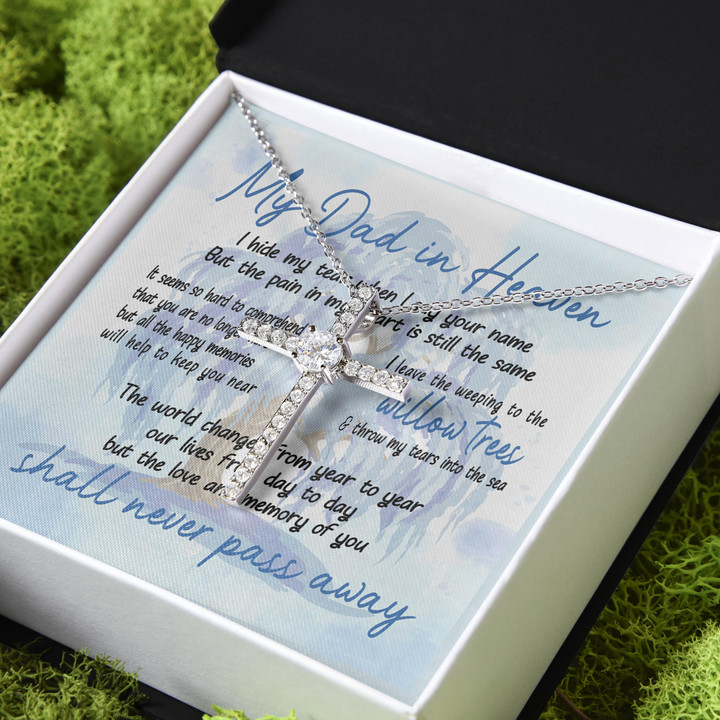 Gift For Dad Heaven Dad Love And Memory Of You CZ Cross Necklace