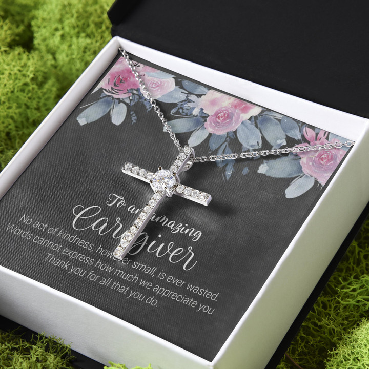 Gift For Amazing Caregiver Thankful Message CZ Cross Necklace