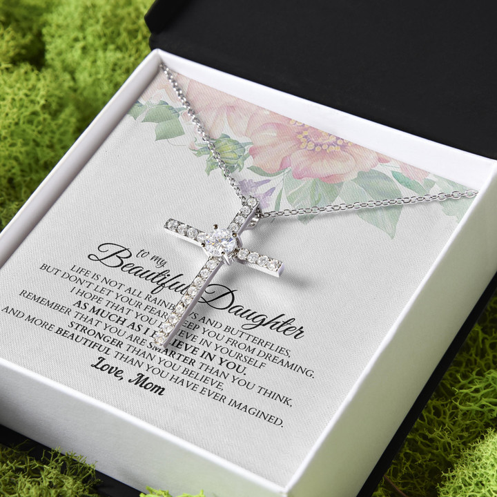 Gift For Daughter From Mom Believe In Yourself CZ Cross Necklace