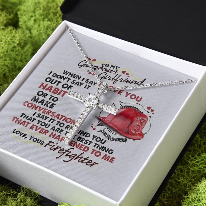 Firefighter Gift For Girlfriend I Love You CZ Cross Necklace