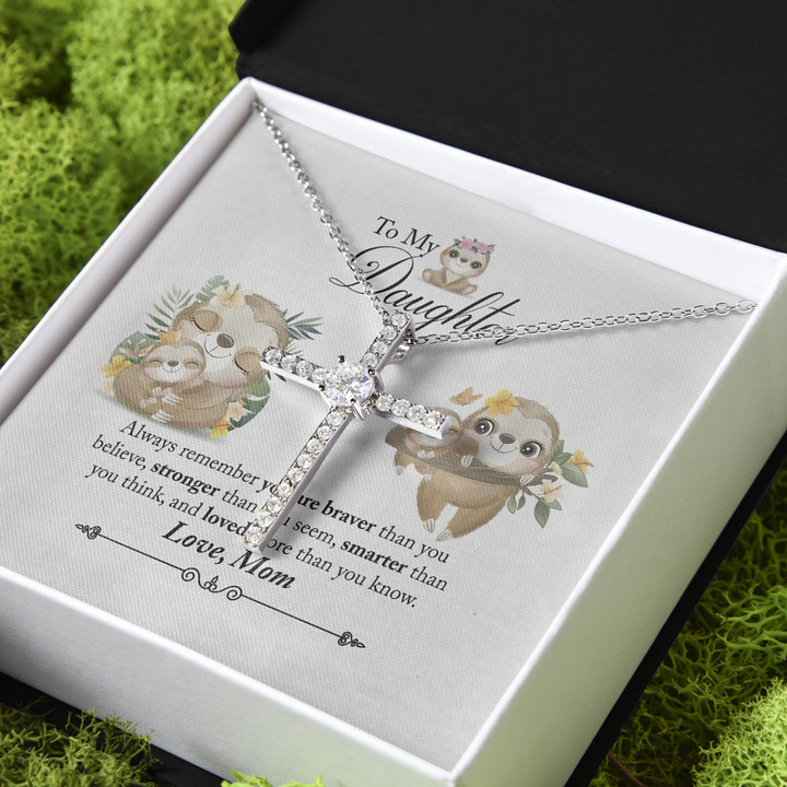 Cute Sloth Loved More Than You Know Gift For Daughter CZ Cross Necklace