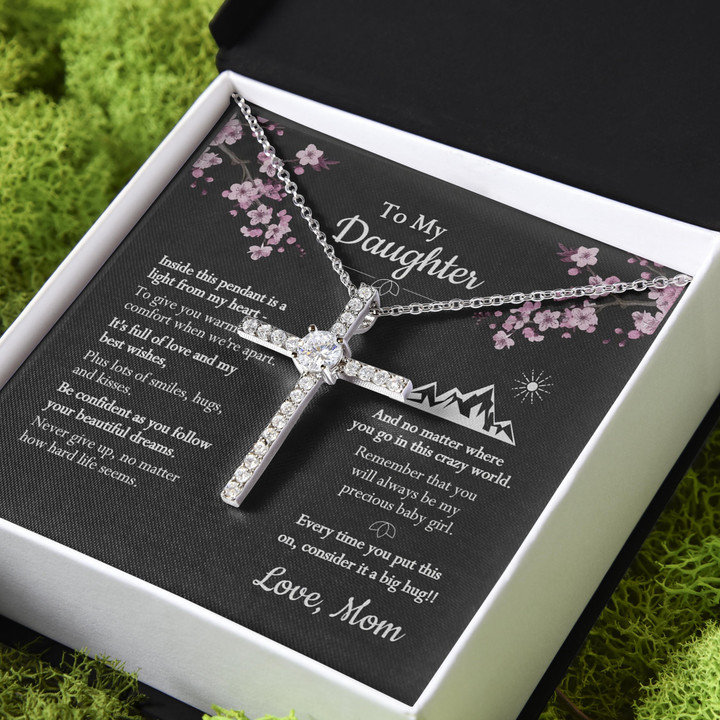 Cherry Blossom Never Give Up Gift For Daughter CZ Cross Necklace