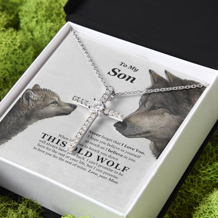 Believe In Yourself Wolf White Gold Gift For Son CZ Cross Necklace