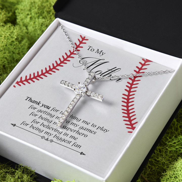 Baseball Mom Thank You For Teaching Me To Play Gift For Mom CZ Cross Necklace