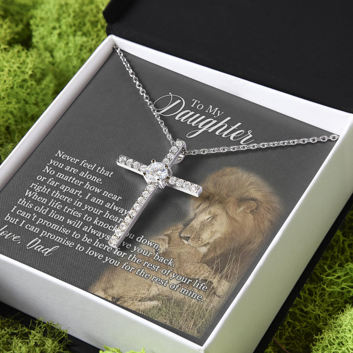 Always Right There In Your Heart Lion Gift For Daughter CZ Cross Necklace