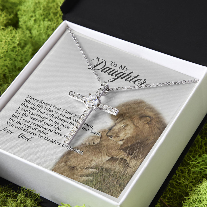 Always Be Daddy's Little Girl Lion Gift For Daughter CZ Cross Necklace