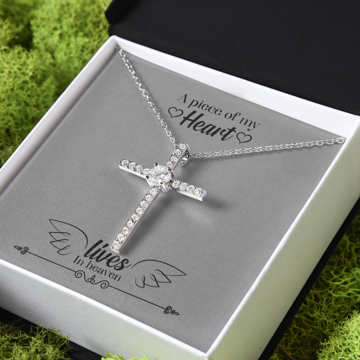 A Piece Of My Heart Lives In Heaven Memorial Gift CZ Cross Necklace