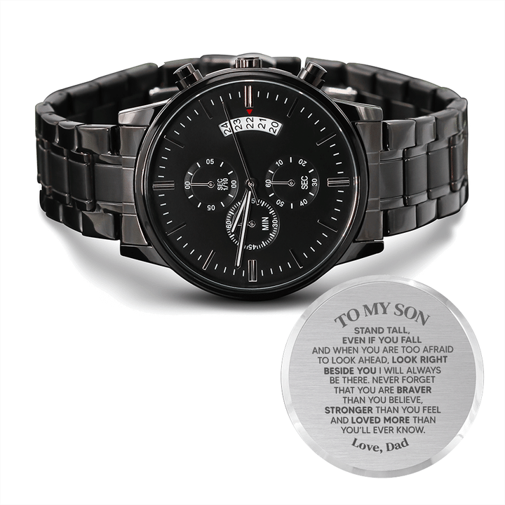 Gift For Son Stand Tall From Dad Engraved Customized Black Chronograph Watch