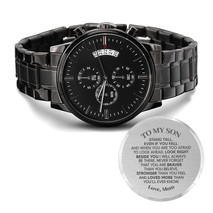 Gift For Son Stand Tall From Mom Engraved Customized Black Chronograph Watch