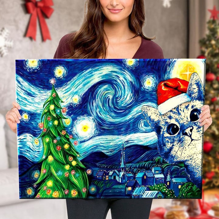 Starry Christmas Night with Cat - Canvas