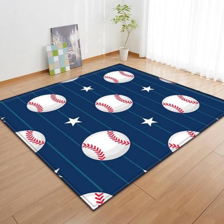 Blue Striped Baseball Pattern Printed Area Rug Floor Mat