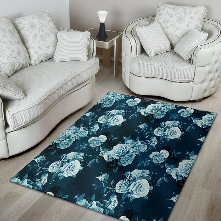 Blue Rose Floral Branches Area Rug Home Decor