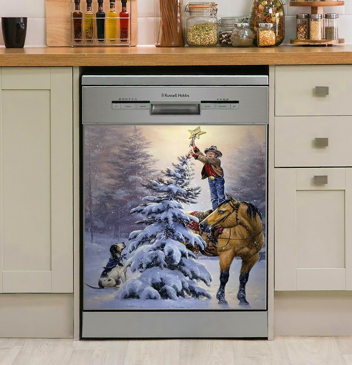 Christmas Tree Little Boy Horse And Dog Dishwasher Cover Sticker
