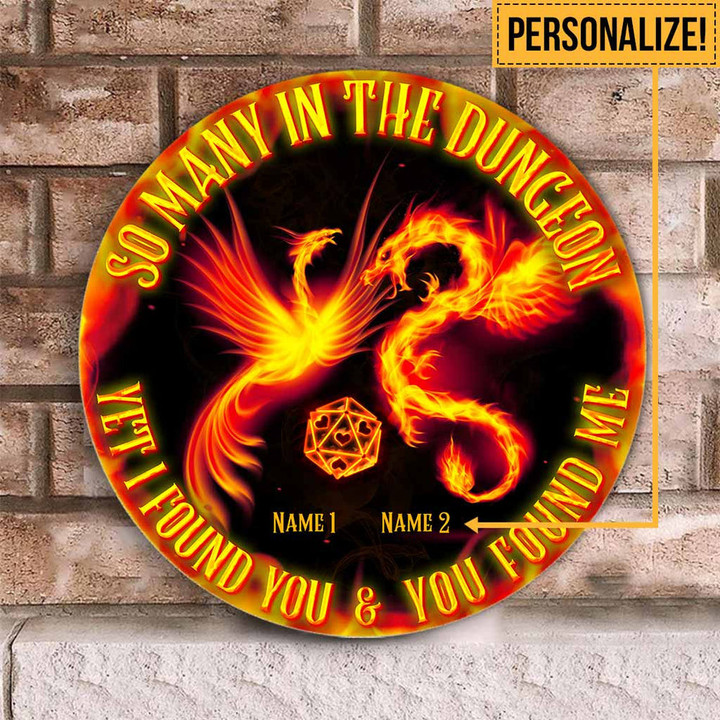 Custom Name Fire Dragon And Phoenix Round Wooden Sign
