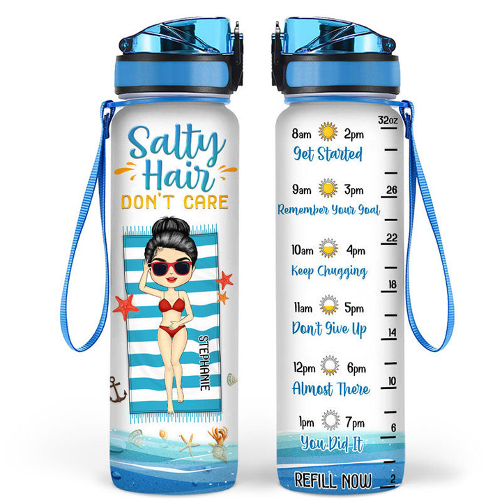 Chibi Girl Salty Hair Dont Care Personalized Custom Water Tracker Bottle
