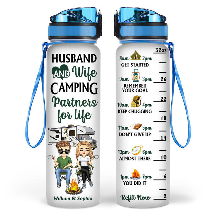Husband And Wife Camping Partners For Life Couple Gift Personalized Custom Water Tracker Bottle