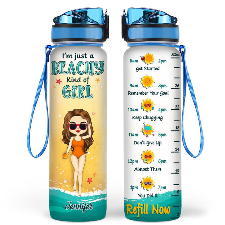 Chibi Girl Just A Beachy Kind Of Girl Gift For Beach Lovers Personalized Custom Water Tracker Bottle