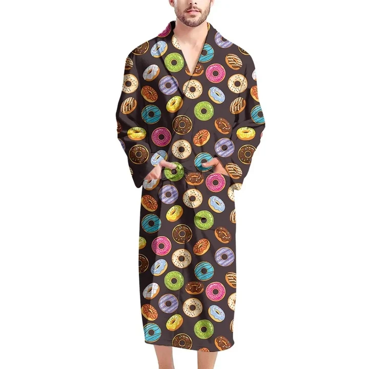 Colorful Donut With Different Figures Pattern Satin Bathrobe Fleece Bathrobe