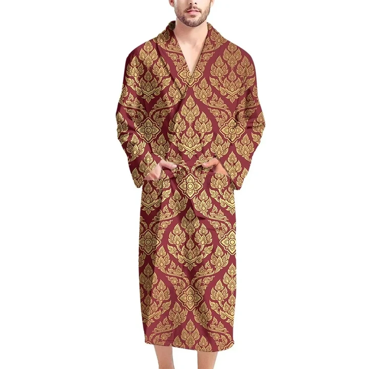 Gold And Red Thai Design Satin Bathrobe Fleece Bathrobe
