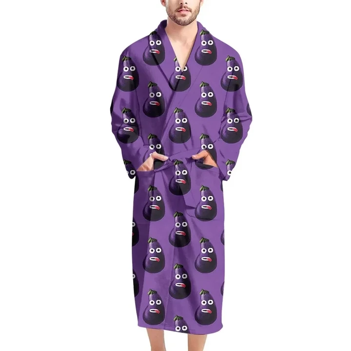 Funny Eggplant Face On Purple Pattern Satin Bathrobe Fleece Bathrobe