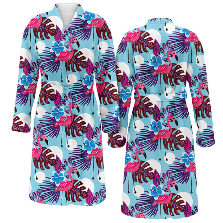 Tropical With Flamingo Pattern On A Blue Background Printed Satin Bathrobe Fleece Bathrobe