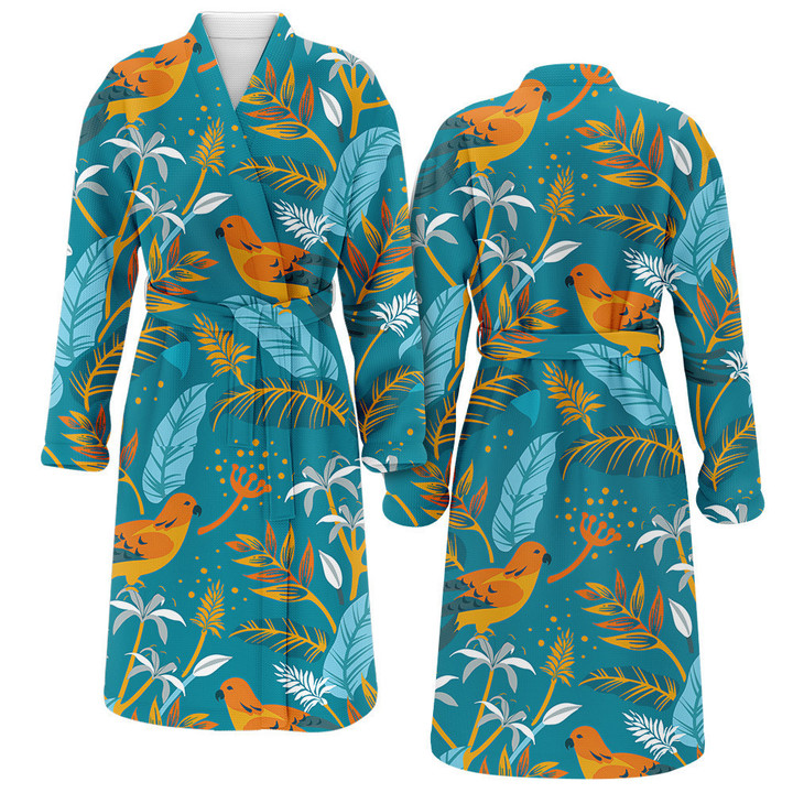 Tropical Leaves And Birds Blue Background Printed Satin Bathrobe Fleece Bathrobe