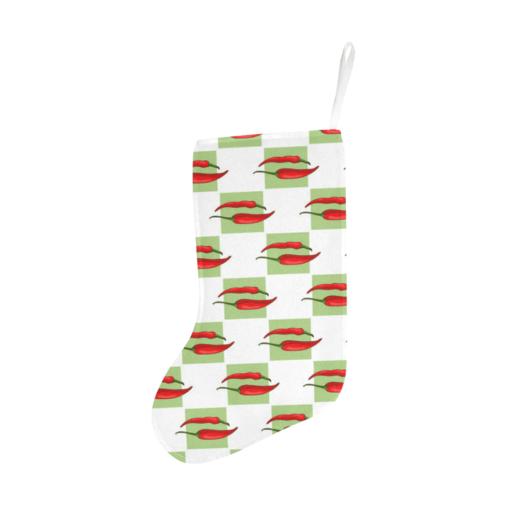 Red Chili Pattern Green White background Christmas Stocking Hanging Ornament