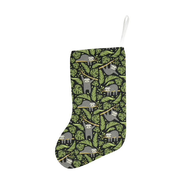 Cute sloths tropical palm leaves black background Christmas Stocking Hanging Ornament