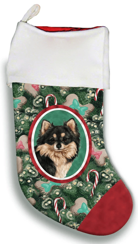 Chihuahua Longhaired Black/White - Best of Breed Christmas Stocking Hanging Ornament