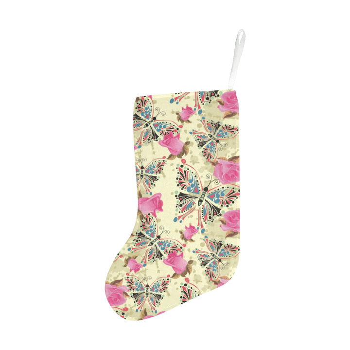 Butterfly Pink Rose Pattern Christmas Stocking Hanging Ornament