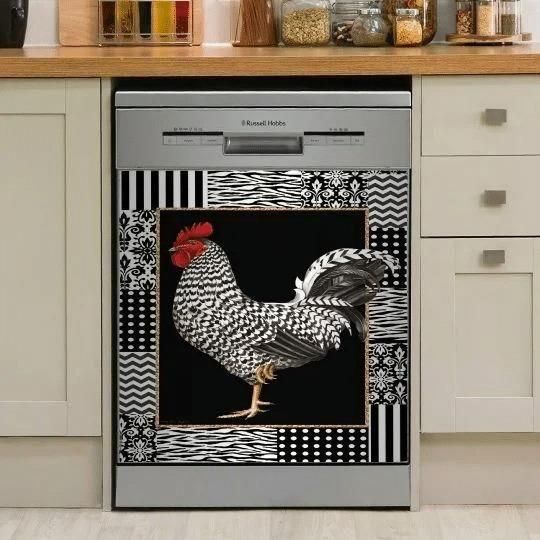 Black And White Rooster Chicken Black Dishwasher Cover Sticker Kitchen Decor